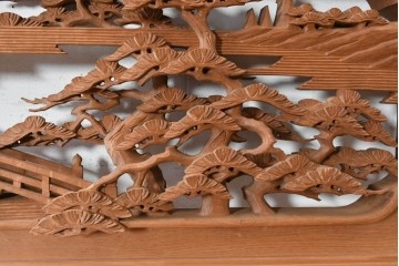 ヴィンテージ建具　昭和後期　井波彫刻　名工 横山一夢作　近江八景図を精緻に彫り上げた欄間2枚セット　(R-089246)