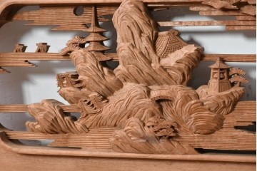 ヴィンテージ建具　昭和後期　井波彫刻　名工 横山一夢作　近江八景図を精緻に彫り上げた欄間2枚セット　(R-089246)