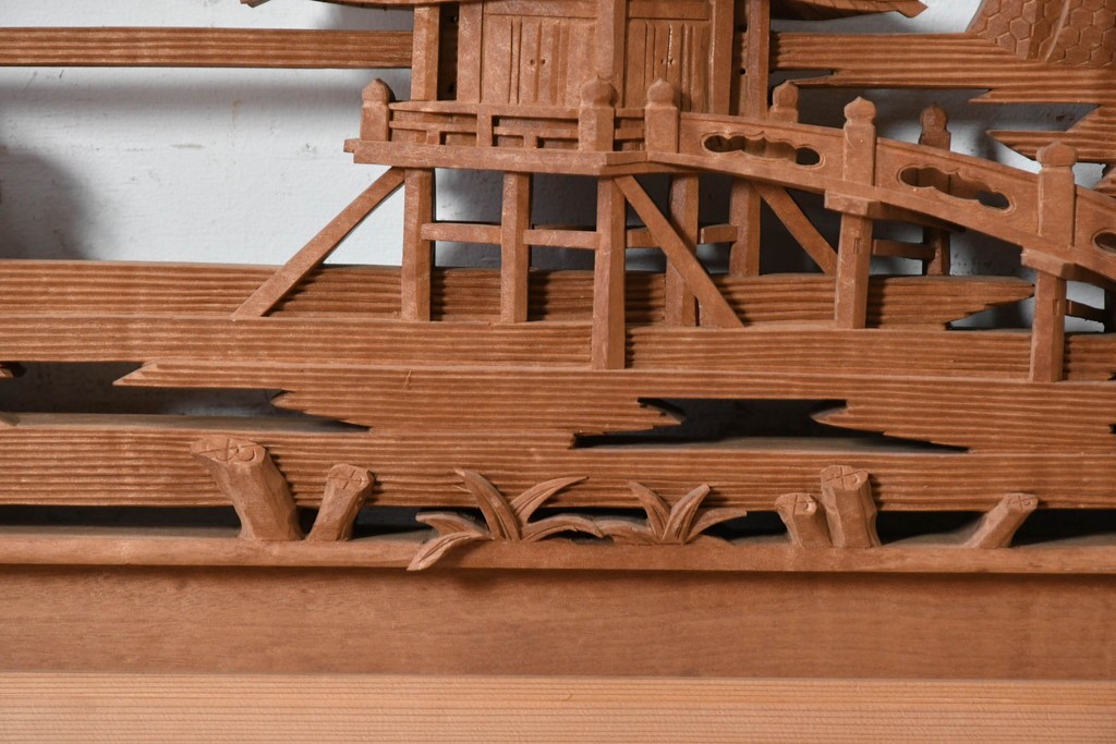 ヴィンテージ建具　昭和後期　井波彫刻　名工 横山一夢作　近江八景図を精緻に彫り上げた欄間2枚セット　(R-089246)