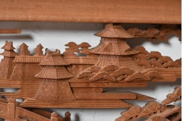ヴィンテージ建具　昭和後期　井波彫刻　名工 横山一夢作　近江八景図を精緻に彫り上げた欄間2枚セット　(R-089246)