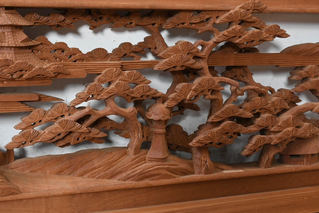 ヴィンテージ建具　昭和後期　井波彫刻　名工 横山一夢作　近江八景図を精緻に彫り上げた欄間2枚セット　(R-089246)