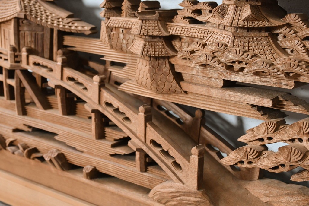 ヴィンテージ建具　昭和後期　井波彫刻　名工 横山一夢作　近江八景図を精緻に彫り上げた欄間2枚セット　(R-089246)