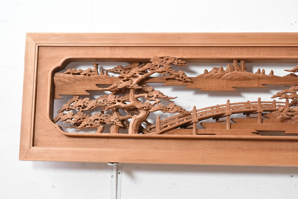ヴィンテージ建具　昭和後期　井波彫刻　名工 横山一夢作　近江八景図を精緻に彫り上げた欄間2枚セット　(R-089246)