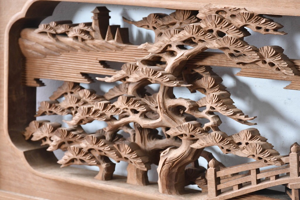 ヴィンテージ建具　昭和後期　井波彫刻　名工 横山一夢作　近江八景図を精緻に彫り上げた欄間2枚セット　(R-089246)