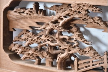 ヴィンテージ建具　昭和後期　井波彫刻　名工 横山一夢作　近江八景図を精緻に彫り上げた欄間2枚セット　(R-089246)