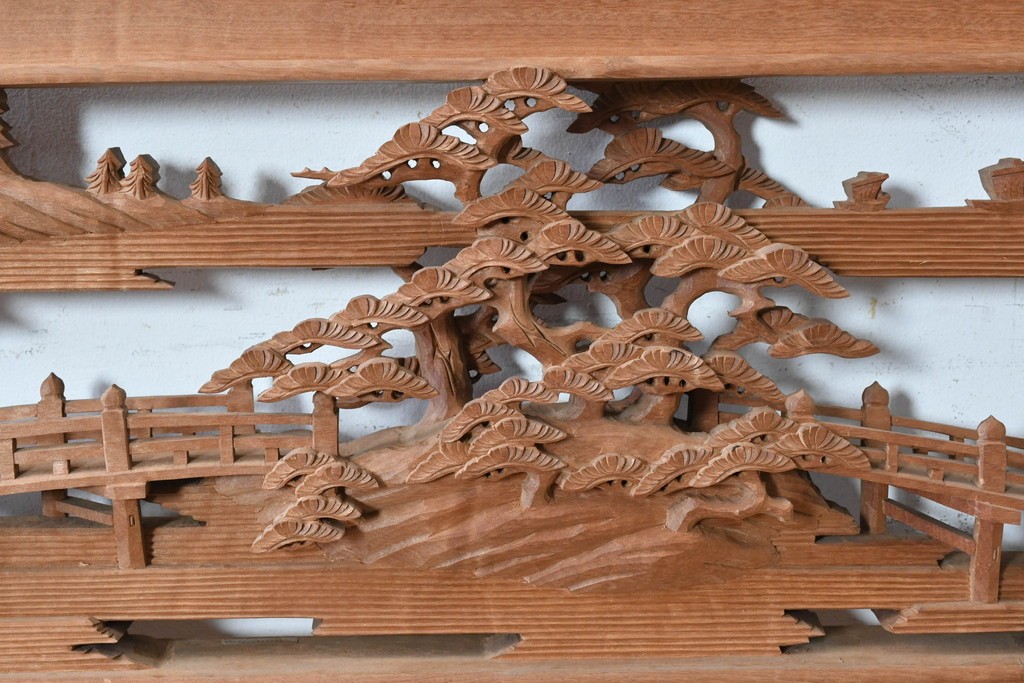 ヴィンテージ建具　昭和後期　井波彫刻　名工 横山一夢作　近江八景図を精緻に彫り上げた欄間2枚セット　(R-089246)
