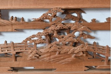 ヴィンテージ建具　昭和後期　井波彫刻　名工 横山一夢作　近江八景図を精緻に彫り上げた欄間2枚セット　(R-089246)