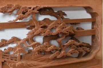 ヴィンテージ建具　昭和後期　井波彫刻　名工 横山一夢作　近江八景図を精緻に彫り上げた欄間2枚セット　(R-089246)