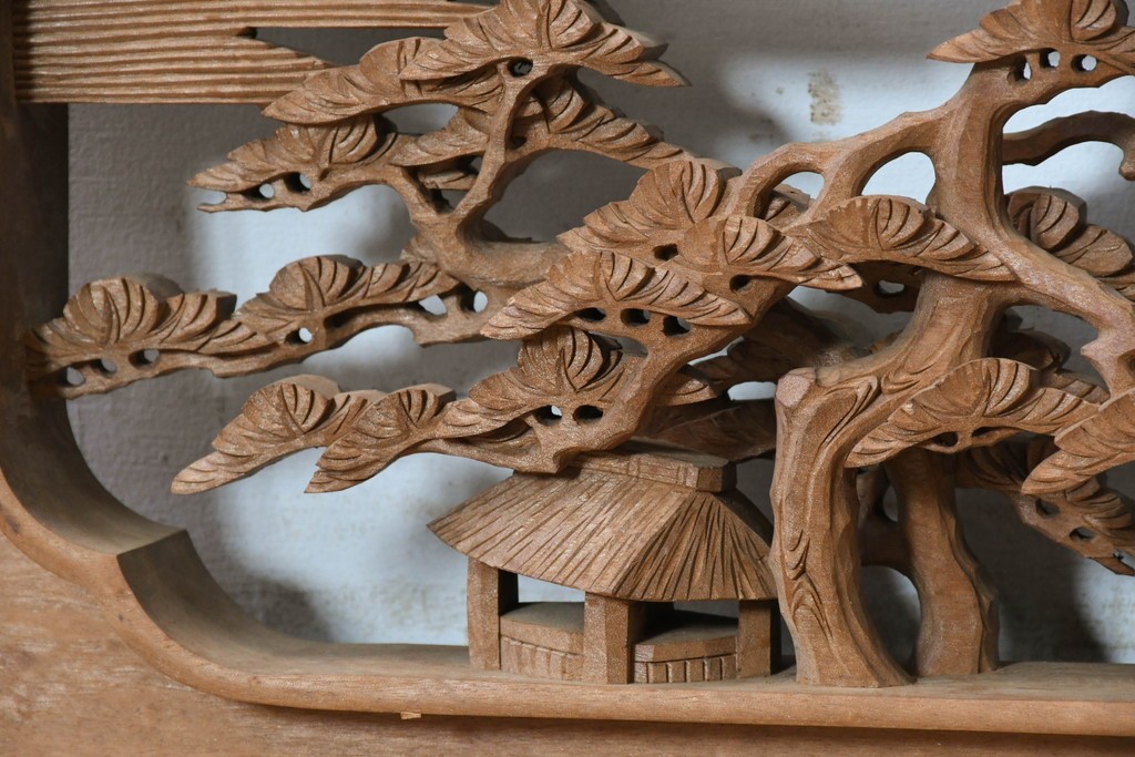 ヴィンテージ建具　昭和後期　井波彫刻　名工 横山一夢作　近江八景図を精緻に彫り上げた欄間2枚セット　(R-089246)