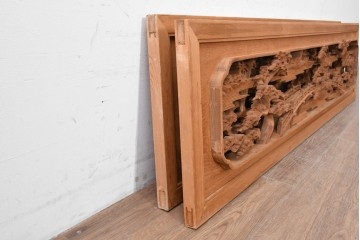 ヴィンテージ建具　昭和後期　井波彫刻　名工 横山一夢作　近江八景図を精緻に彫り上げた欄間2枚セット　(R-089246)