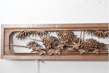 ヴィンテージ建具　昭和後期　井波彫刻　一雪作　幅約2.1m　四君子に雀文を表した彫刻欄間2枚セット　(R-089250)