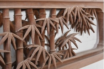 ヴィンテージ建具　昭和後期　井波彫刻　一雪作　幅約2.1m　四君子に雀文を表した彫刻欄間2枚セット　(R-089250)