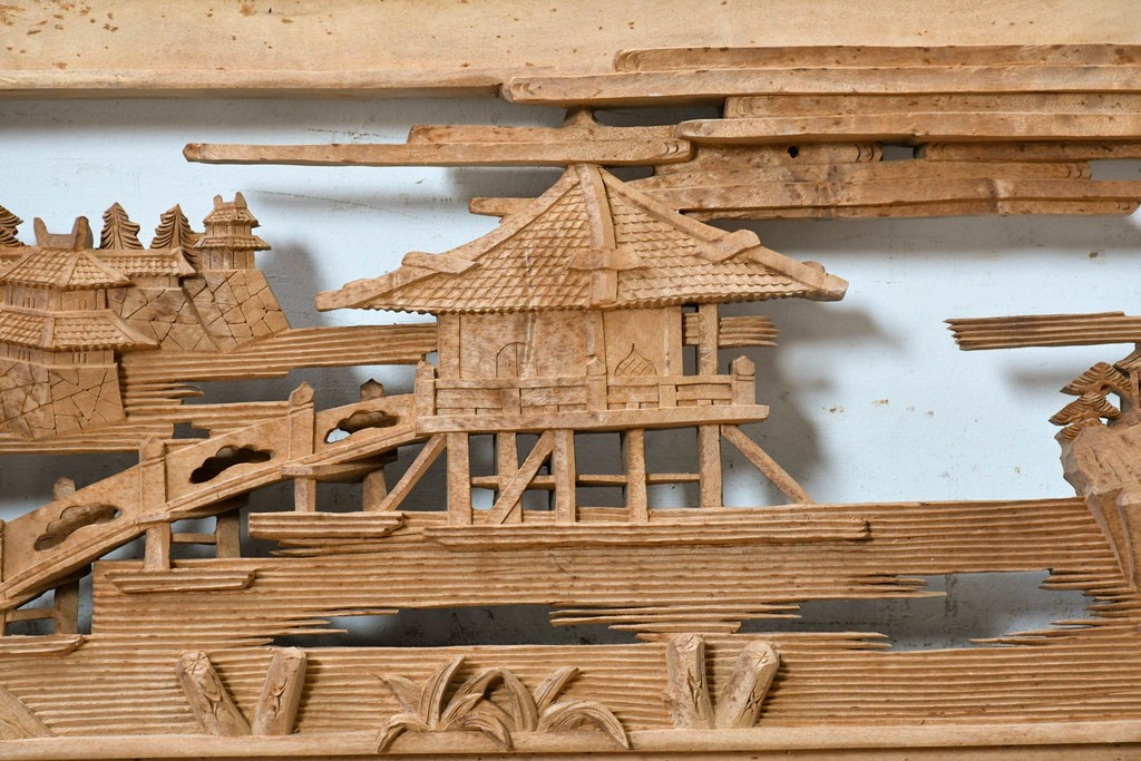ヴィンテージ建具　昭和中期　北陸産　近江八景図　風景を繊細に彫り上げた欄間1枚　(R-089259)