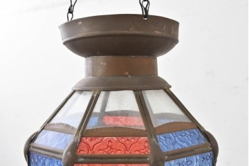 《引っ掛けシーリング式ペンダントライト加工費込み》　ヴィンテージ照明　アラビアン　色ガラスの意匠がレトロなランタン型ペンダントライト　(R-089268)