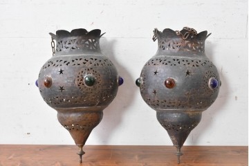 《引っ掛けシーリング式ペンダントライト加工費込み》　ヴィンテージ照明　モロッコ　真鍮　異国情緒あふれる吊り下げ照明2個セット　(R-089275)