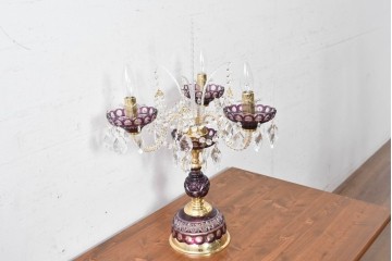 《スタンドライト加工費込み》　中古　美品　チェコ　LIGLASS(リグラス)　紫色の装飾が華やかな3灯置き型照明　定価推定約25万円　(R-089277)