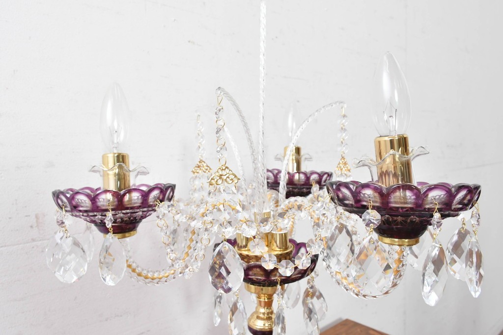 《スタンドライト加工費込み》　中古　美品　チェコ　LIGLASS(リグラス)　紫色の装飾が華やかな3灯置き型照明　定価推定約25万円　(R-089277)