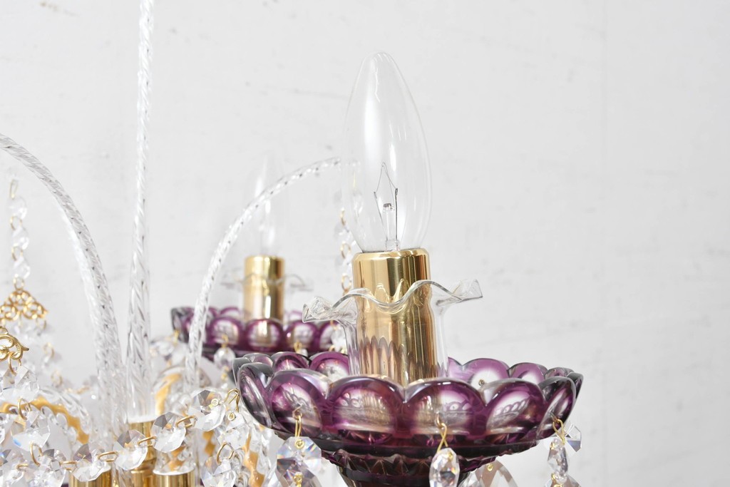 《スタンドライト加工費込み》　中古　美品　チェコ　LIGLASS(リグラス)　紫色の装飾が華やかな3灯置き型照明　定価推定約25万円　(R-089277)