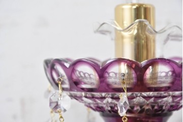 《スタンドライト加工費込み》　中古　美品　チェコ　LIGLASS(リグラス)　紫色の装飾が華やかな3灯置き型照明　定価推定約25万円　(R-089277)
