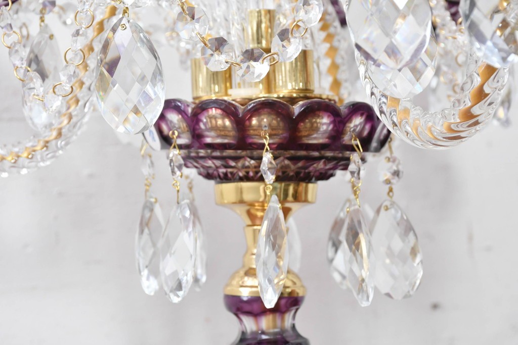 《スタンドライト加工費込み》　中古　美品　チェコ　LIGLASS(リグラス)　紫色の装飾が華やかな3灯置き型照明　定価推定約25万円　(R-089277)