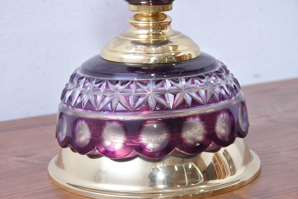 《スタンドライト加工費込み》　中古　美品　チェコ　LIGLASS(リグラス)　紫色の装飾が華やかな3灯置き型照明　定価推定約25万円　(R-089277)