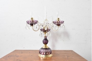《スタンドライト加工費込み》　中古　美品　チェコ　LIGLASS(リグラス)　紫色の装飾が華やかな3灯置き型照明　定価推定約25万円　(R-089277)