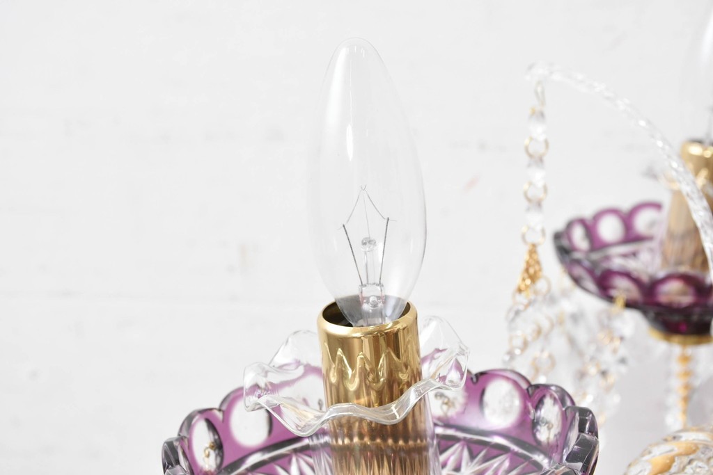 《スタンドライト加工費込み》　中古　美品　チェコ　LIGLASS(リグラス)　紫色の装飾が華やかな3灯置き型照明　定価推定約25万円　(R-089277)