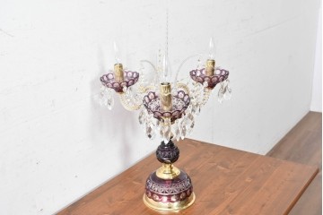 《スタンドライト加工費込み》　中古　美品　チェコ　LIGLASS(リグラス)　紫色の装飾が華やかな3灯置き型照明　定価約25万円　(R-089278)