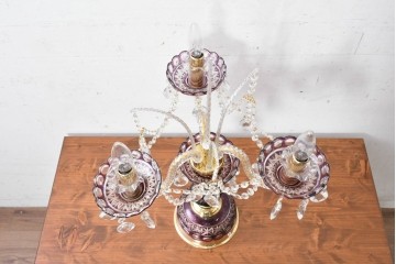 《スタンドライト加工費込み》　中古　美品　チェコ　LIGLASS(リグラス)　紫色の装飾が華やかな3灯置き型照明　定価約25万円　(R-089278)
