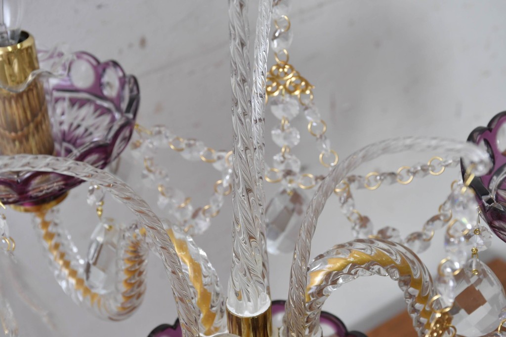 《スタンドライト加工費込み》　中古　美品　チェコ　LIGLASS(リグラス)　紫色の装飾が華やかな3灯置き型照明　定価約25万円　(R-089278)