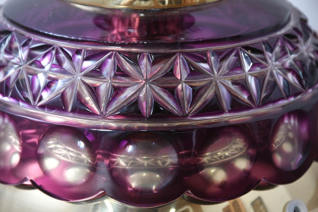 《スタンドライト加工費込み》　中古　美品　チェコ　LIGLASS(リグラス)　紫色の装飾が華やかな3灯置き型照明　定価約25万円　(R-089278)