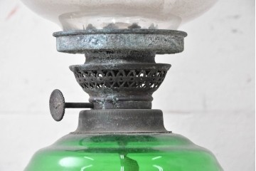 和製アンティーク　大正ロマン　グリーンの色ガラスが美しいオイルランプ　(R-089289)