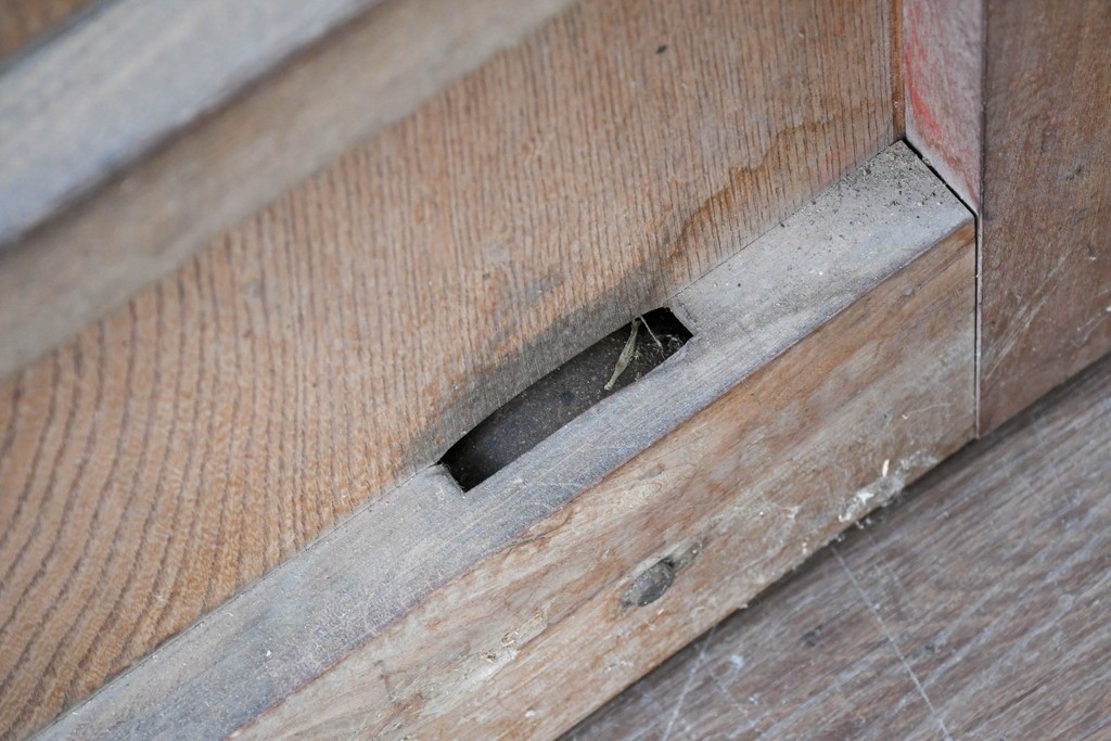 アンティーク建具　昭和初期　北陸産　総欅(ケヤキ)材　縦格子と重厚な飾り金具が印象的な蔵戸1枚　(R-089305)
