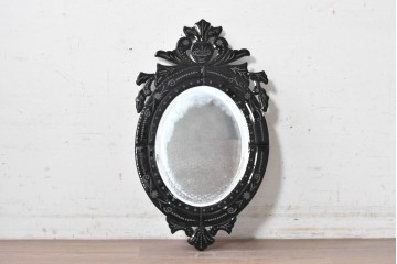 中古　イタリアンデザイン　面取り鏡　花模様のエッチングが美しいウォールミラー　(R-089358)