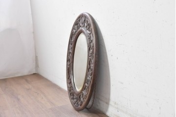 オランダアンティーク　1920年頃　オーク材　アカンサス模様の彫刻フレームが美しいウォールミラー　(R-089376)
