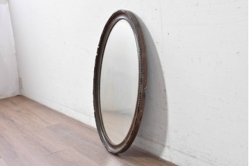 イギリスアンティーク　1940年頃　石膏の装飾が上品なオーバルウォールミラー　(R-089378)