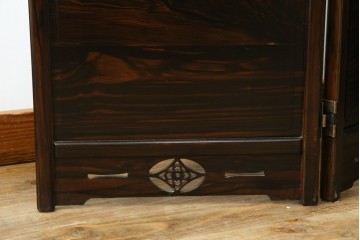 中古　美品　黒檀　透かし彫りと梅花の意匠が美しい彫刻入り4連衝立　(R-089435)