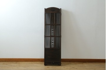 中古　美品　黒檀　透かし彫りと梅花の意匠が美しい彫刻入り4連衝立　(R-089435)