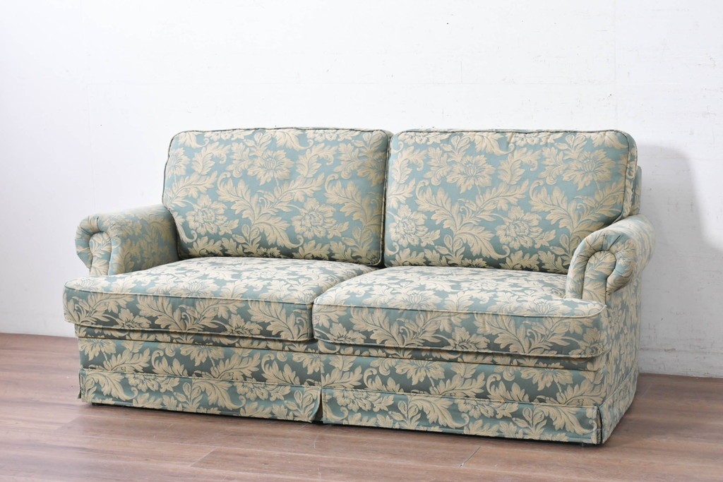中古　美品　maruni(マルニ木工)　地中海シリーズ　モナコハイ　花柄ファブリックが上品なワイドラブシート　(R-089470)