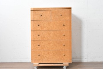 中古　島本家具工芸　バーズアイ　天板が美しく浮き上がって見える5段チェスト　(R-089479)