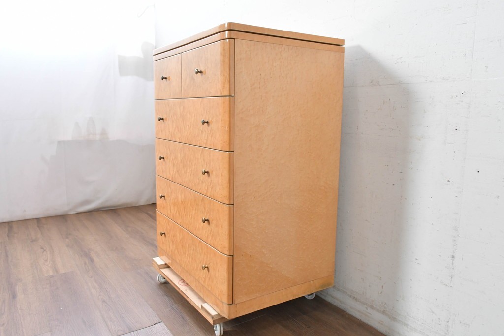 中古　島本家具工芸　バーズアイ　天板が美しく浮き上がって見える5段チェスト　(R-089479)