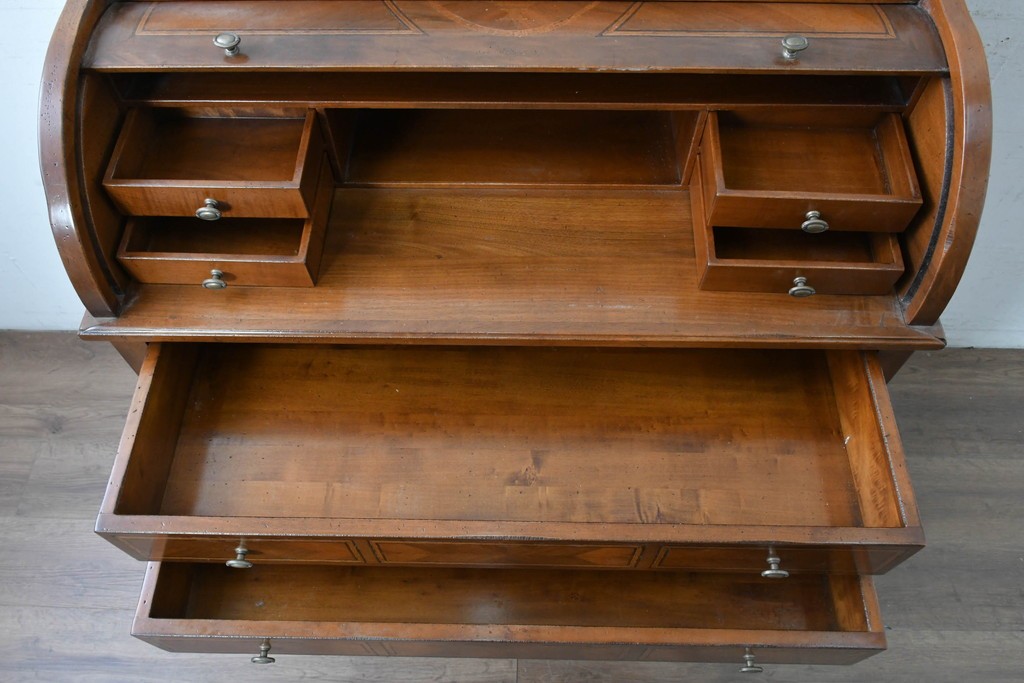 中古　アメリカ高級輸入家具　象嵌入りのシリンダートップライティングビューロー　(R-089482)