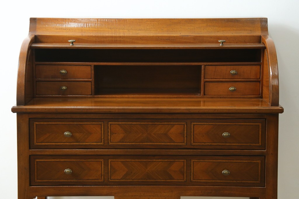 中古　アメリカ高級輸入家具　象嵌入りのシリンダートップライティングビューロー　(R-089482)