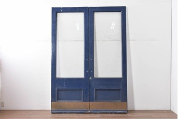 イギリスヴィンテージ建具　特大!!　高さ2.5m　ブルーカラーがお洒落な両開き扉2枚(1対)セット　(R-089497)