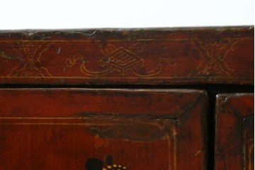 アジアンヴィンテージ　李朝家具　アンティーク調　朱色に花文様が可愛らしいキャビネット　(R-089519)