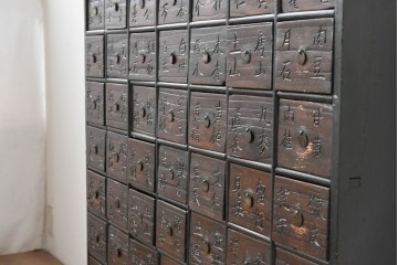 アジアンアンティーク　1930年から1940年頃　希少!!　李朝デザイン　漢字の彫り文字が印象的な49杯の薬箪笥　(R-089531)
