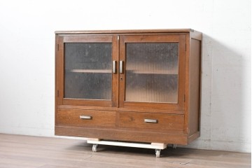 《天板取り付け加工費込み》　和製ヴィンテージ　モールガラス入り扉と引き出し付きの収納棚　(R-089605)