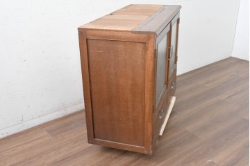 《天板取り付け加工費込み》　和製ヴィンテージ　モールガラス入り扉と引き出し付きの収納棚　(R-089605)