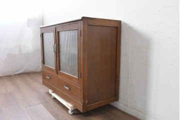 《天板取り付け加工費込み》　和製ヴィンテージ　モールガラス入り扉と引き出し付きの収納棚　(R-089605)