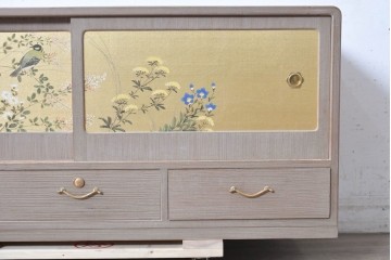 中古　国産職人手作り　総桐材　並厚　金地に草花と小鳥を描いた引き戸が上品なローボード　(R-089622)